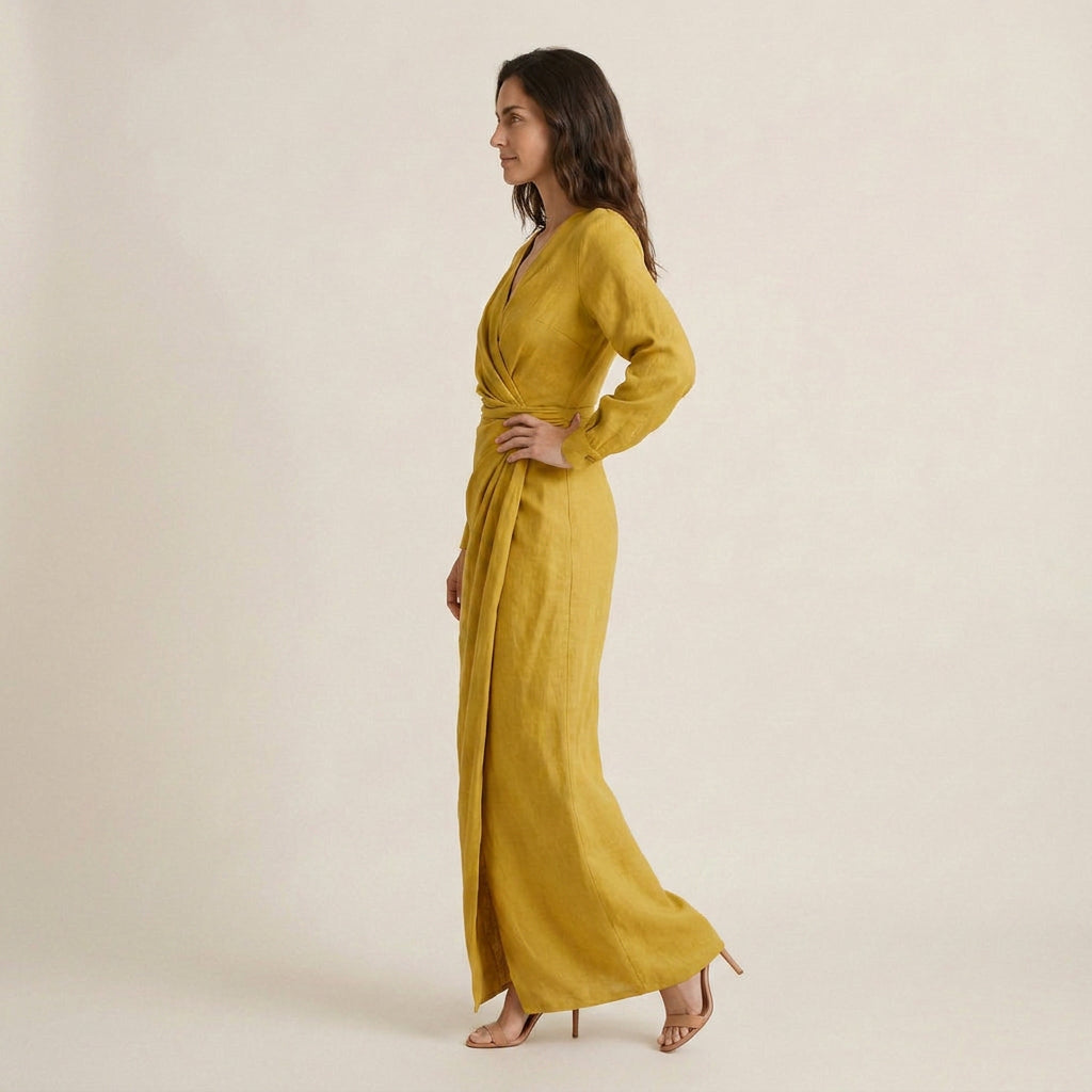 Vestido Largo Cruzado Efecto Lino Manga Larga para Mujer
