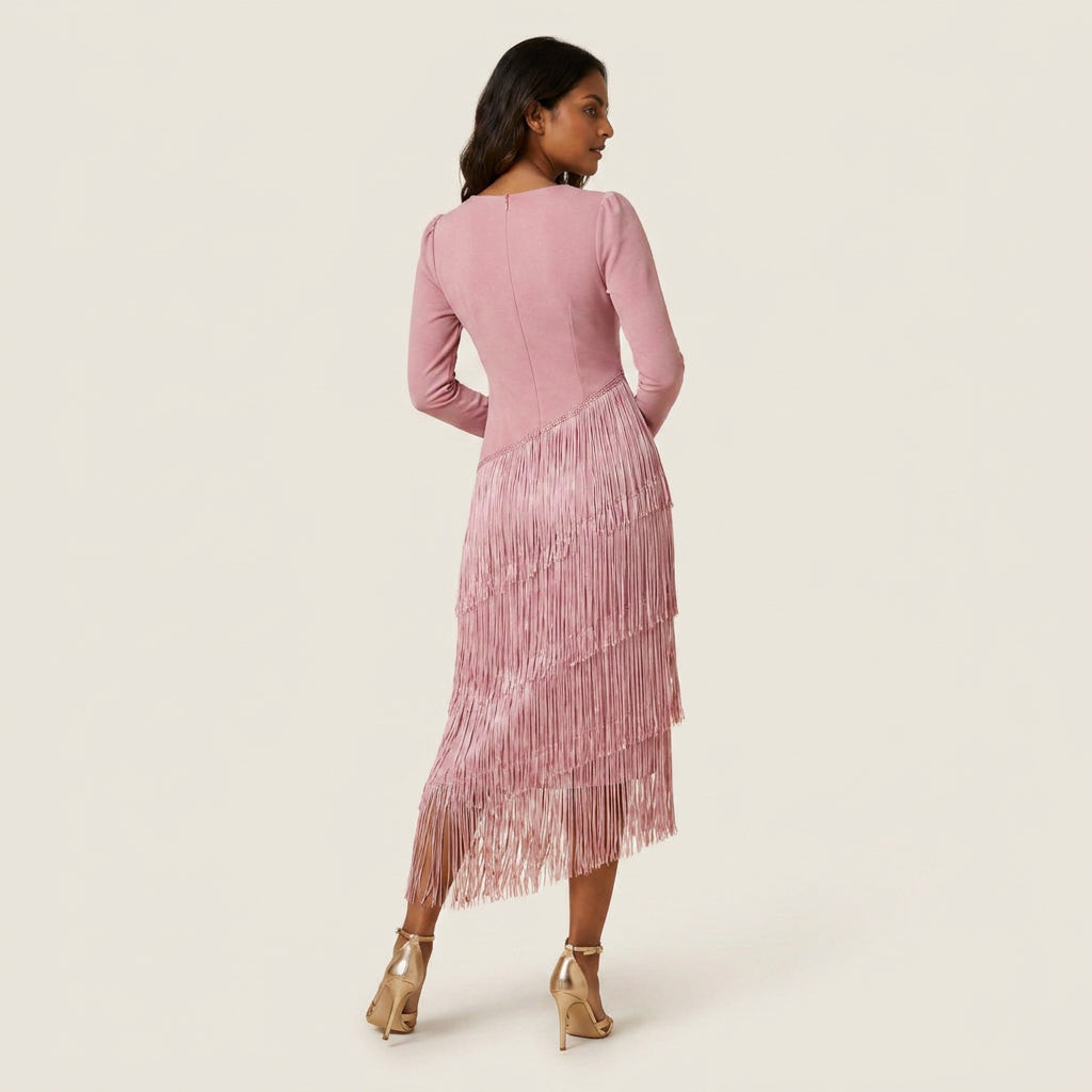 Vestido Midi de Flecos Escalonados Manga Larga para Mujer