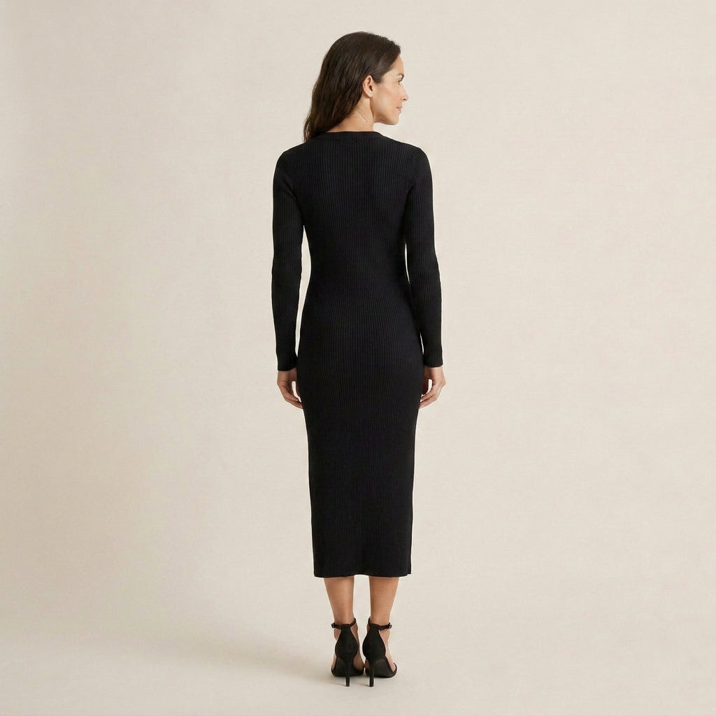 Vestido Midi de Punto Acanalado con Abertura Frontal para Mujer