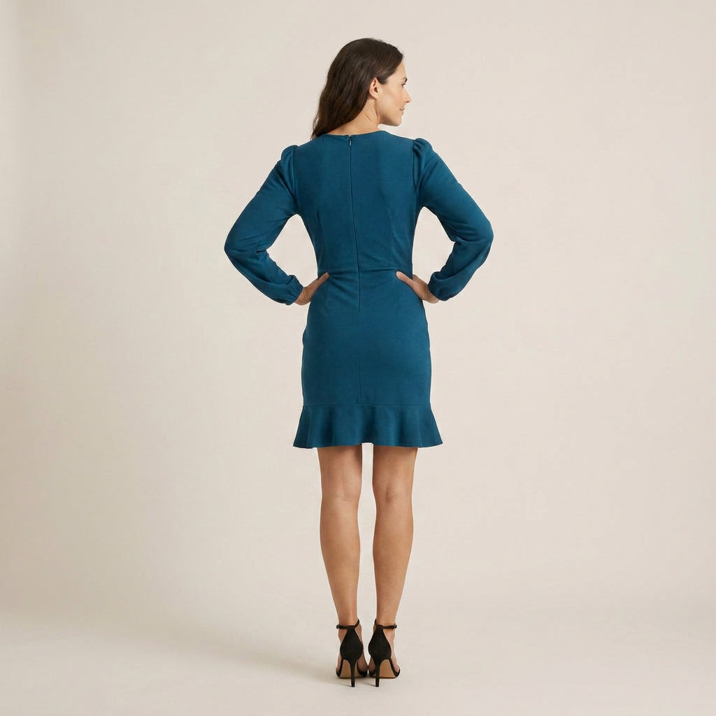 Vestido Corto Manga Abullonada Volante Asimétrico para Mujer
