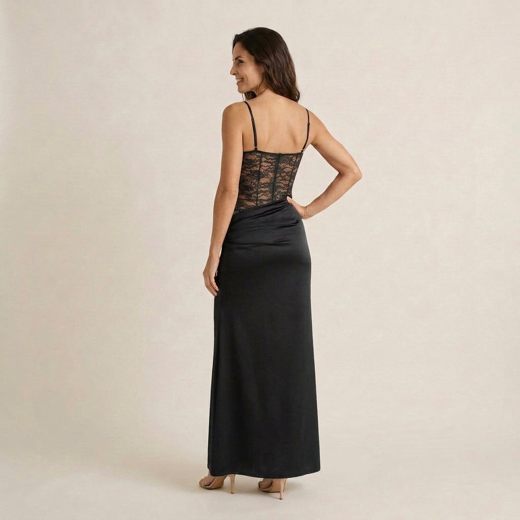 Vestido Largo Satinado con Encaje para Mujer