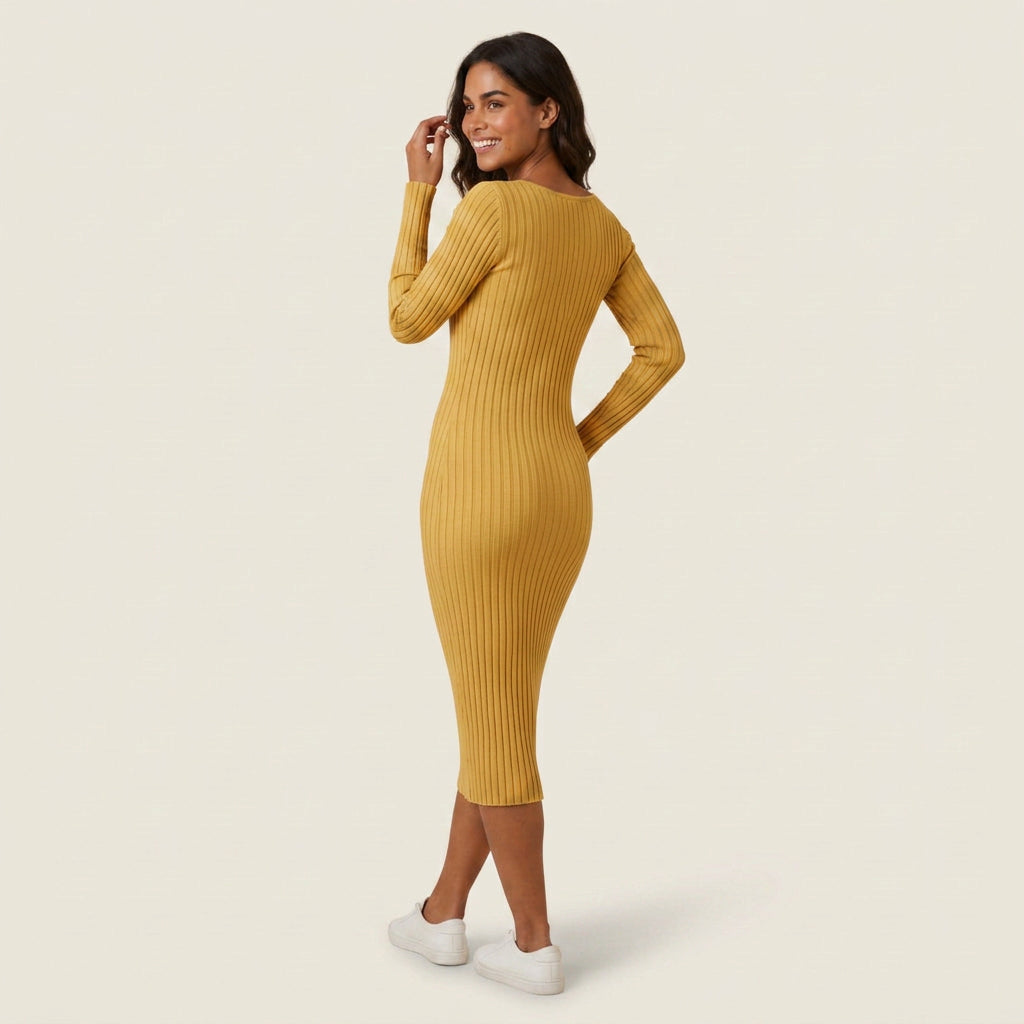 Vestido Midi de Canalé con Escote de Pico para Mujer