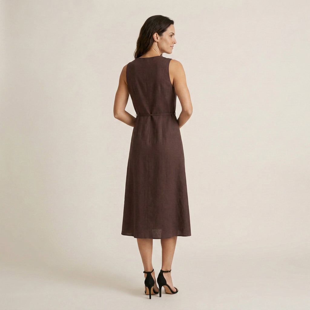 Vestido Midi sin Mangas con Botones y Cinturón para Mujer