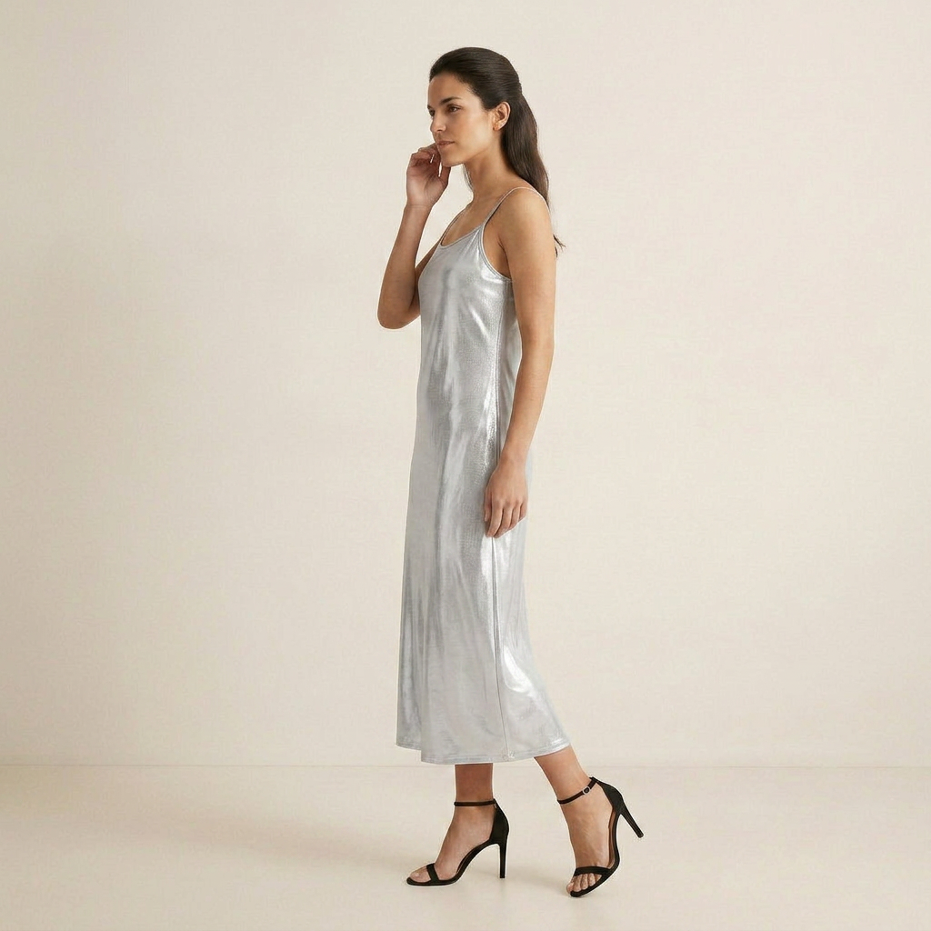 Vestido Midi Metálico Tirantes Finos Corte Slip para Mujer