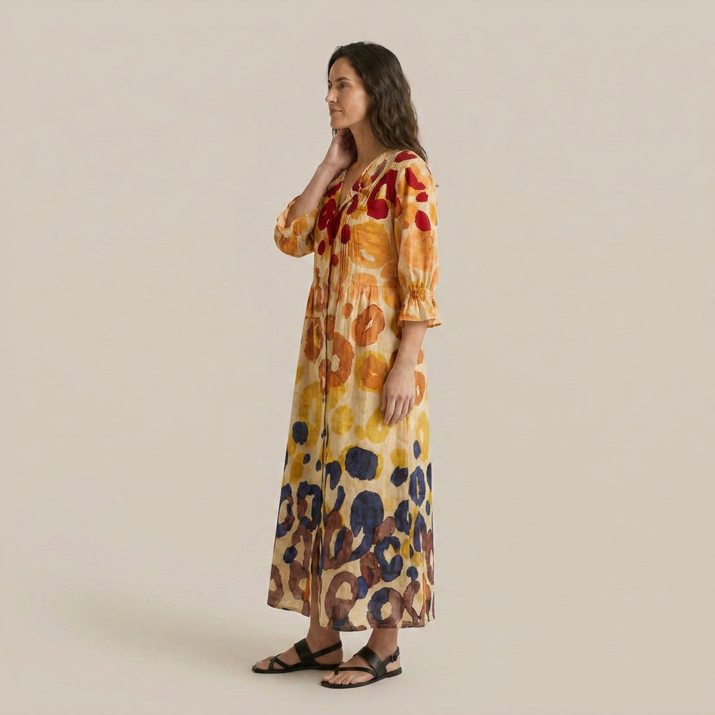 Vestido Largo Animal Print Multicolor Manga Abullonada para Mujer