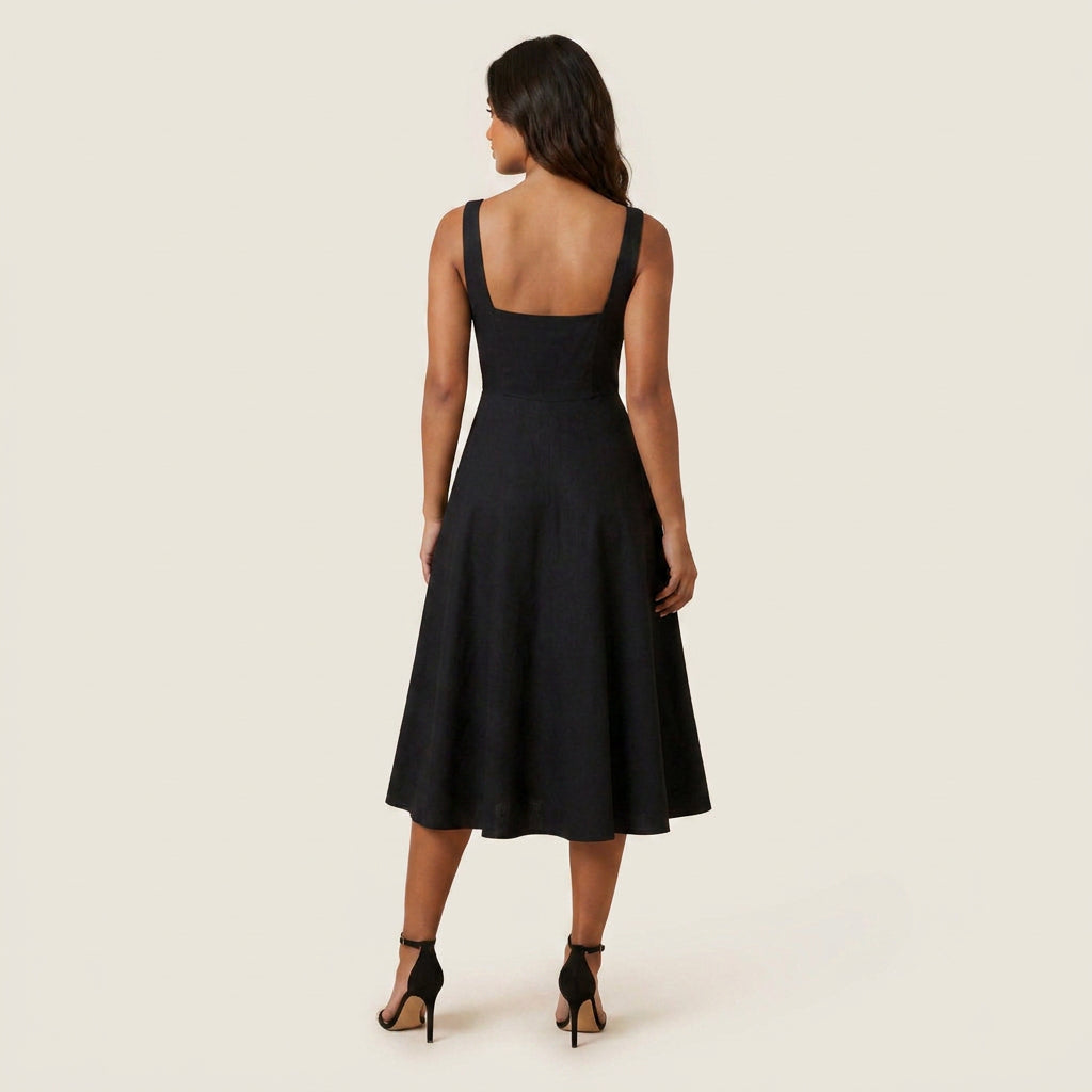 Vestido Midi Escote Cuadrado Falda Vuelo para Mujer