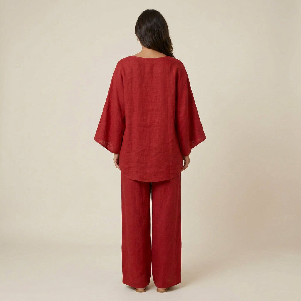 Conjunto de Lino con Blusa Asimétrica y Pantalón Ancho para Mujer