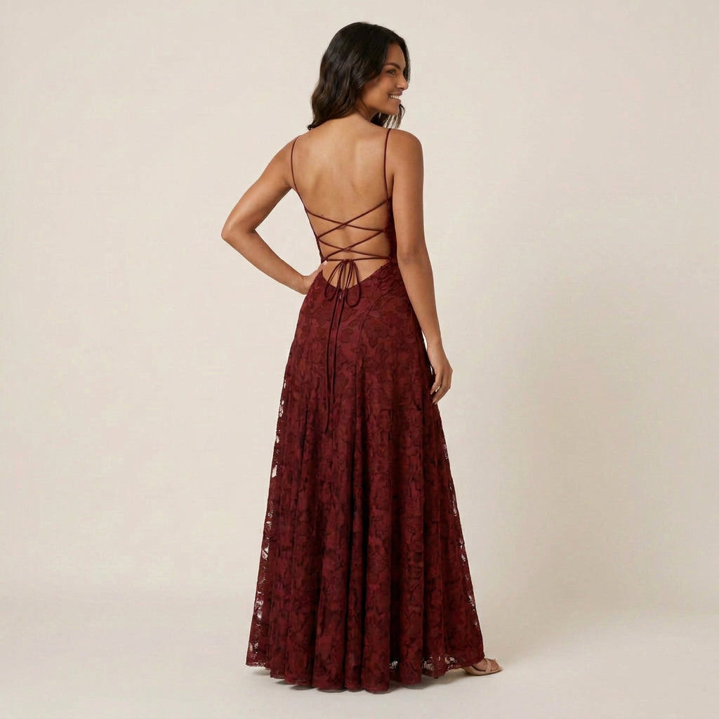 Vestido de Fiesta Largo Jacquard Floral con Tirantes para Mujer