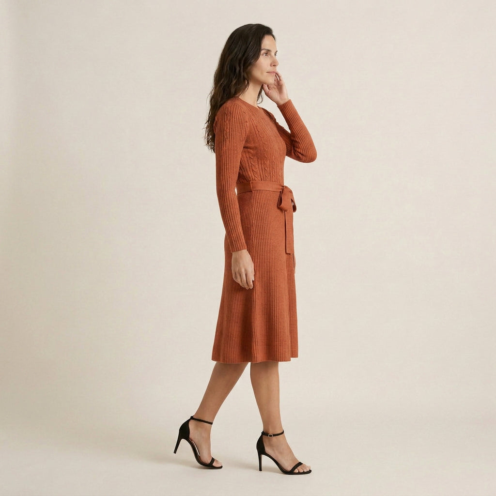 Vestido Midi De Punto Con Cinturón para Mujer