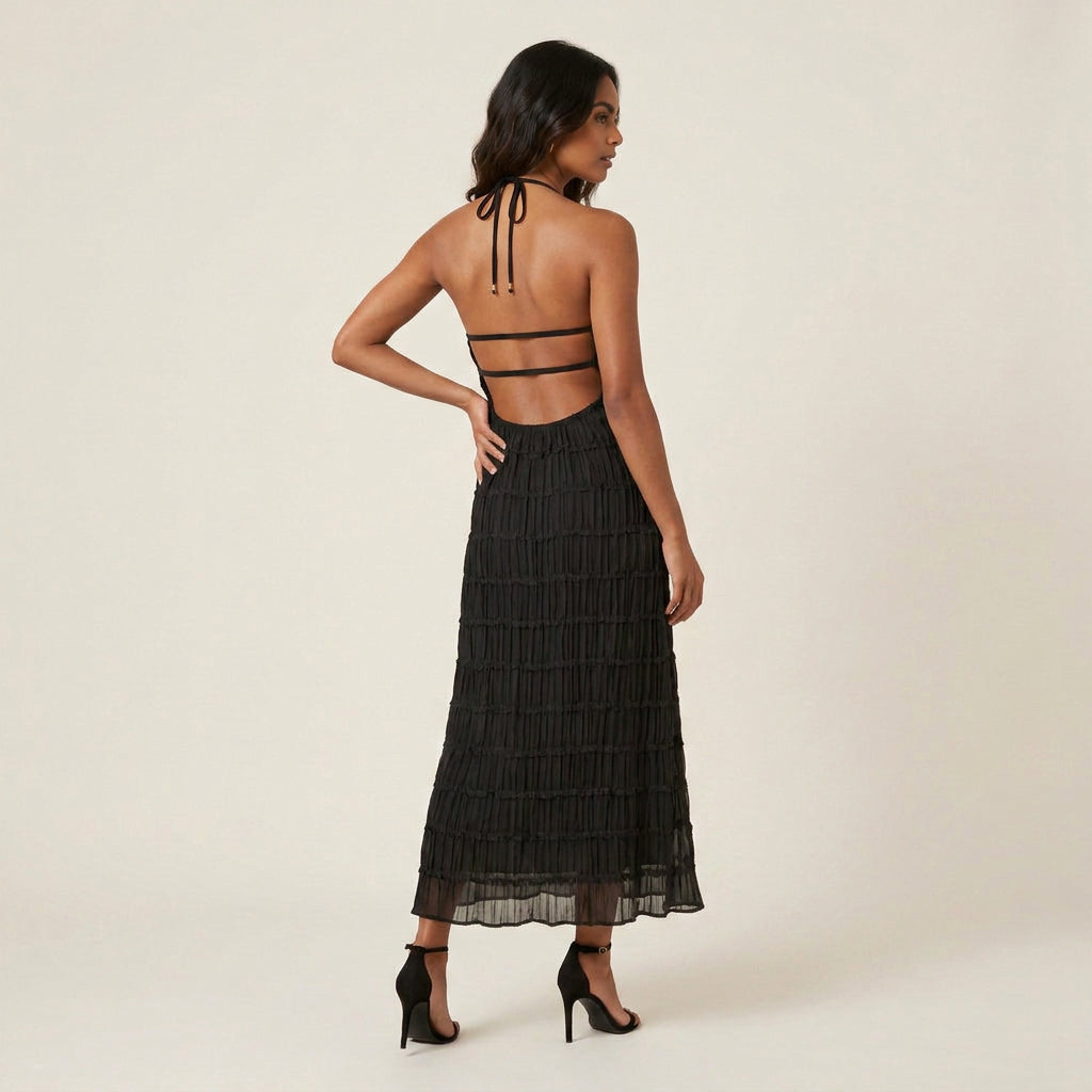 Vestido Midi Efecto Gasa con Cuello Halter para Mujer
