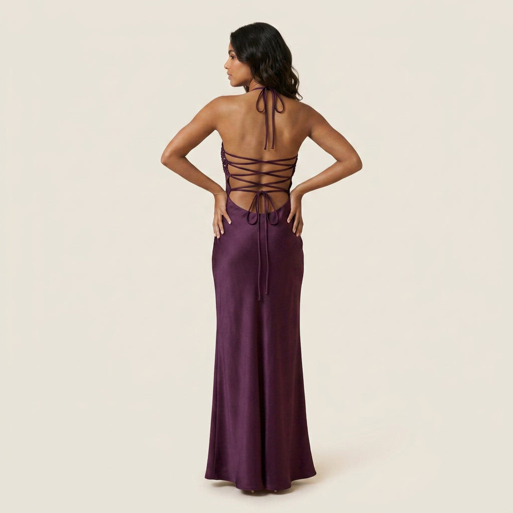 Vestido Largo Efecto Satén con Pedrería para Mujer