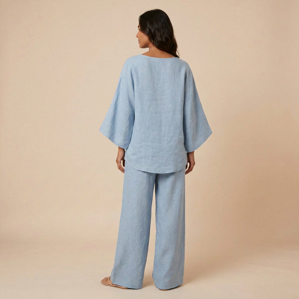 Conjunto de Lino con Blusa Asimétrica y Pantalón Ancho para Mujer