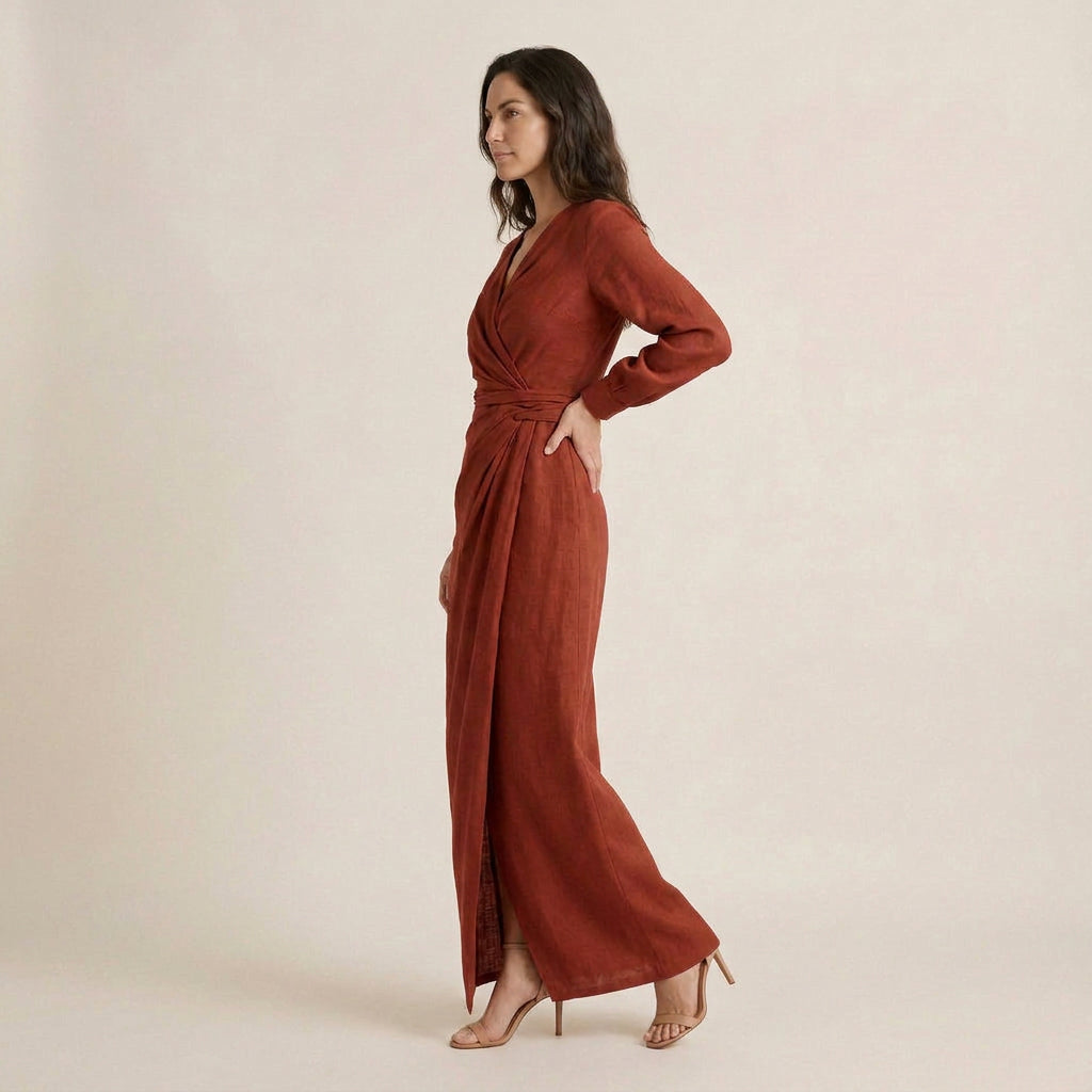 Vestido Largo Cruzado Efecto Lino Manga Larga para Mujer
