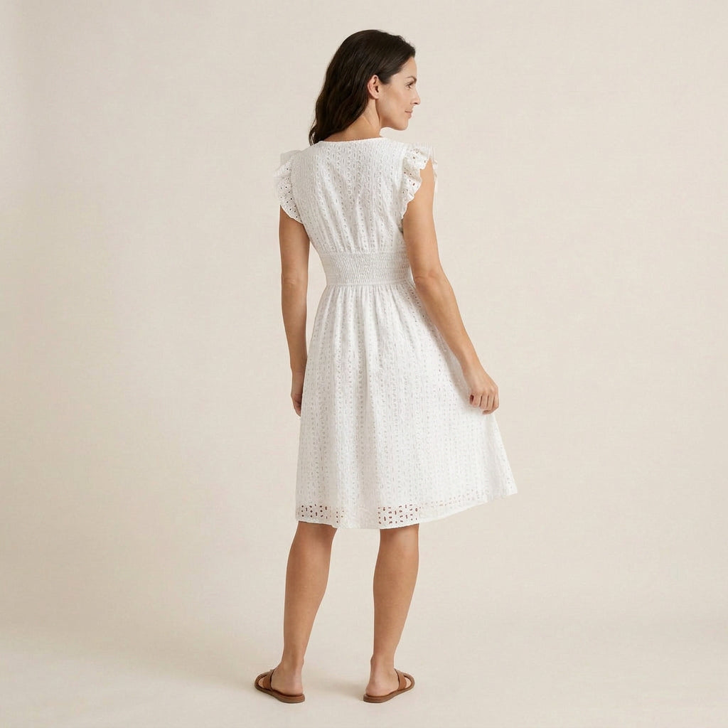 Vestido Midi Bordado Inglés Cintura Fruncida para Mujer