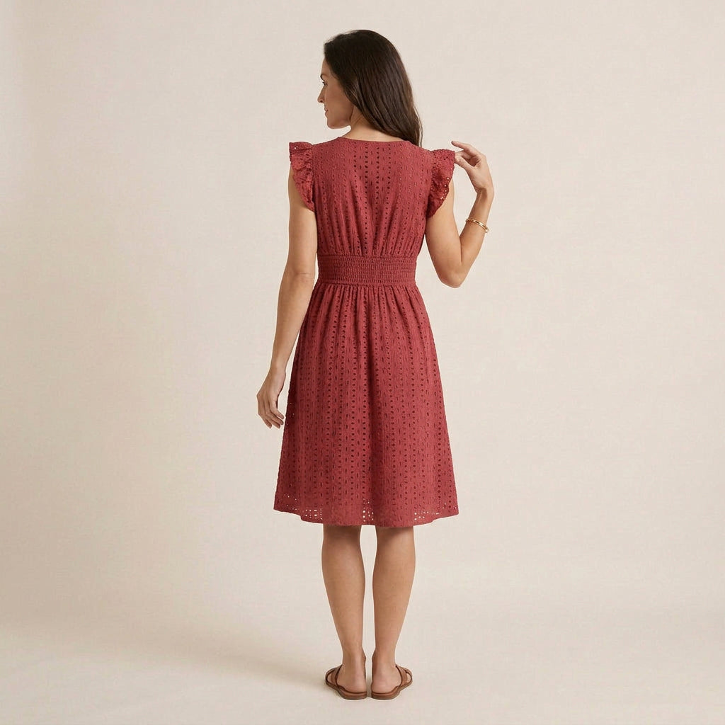 Vestido Midi Bordado Inglés Cintura Fruncida para Mujer