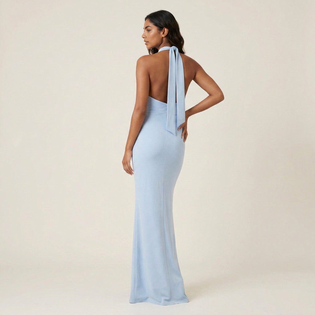 Vestido de Fiesta Largo Cuello Halter con Escote de Pico para Mujer