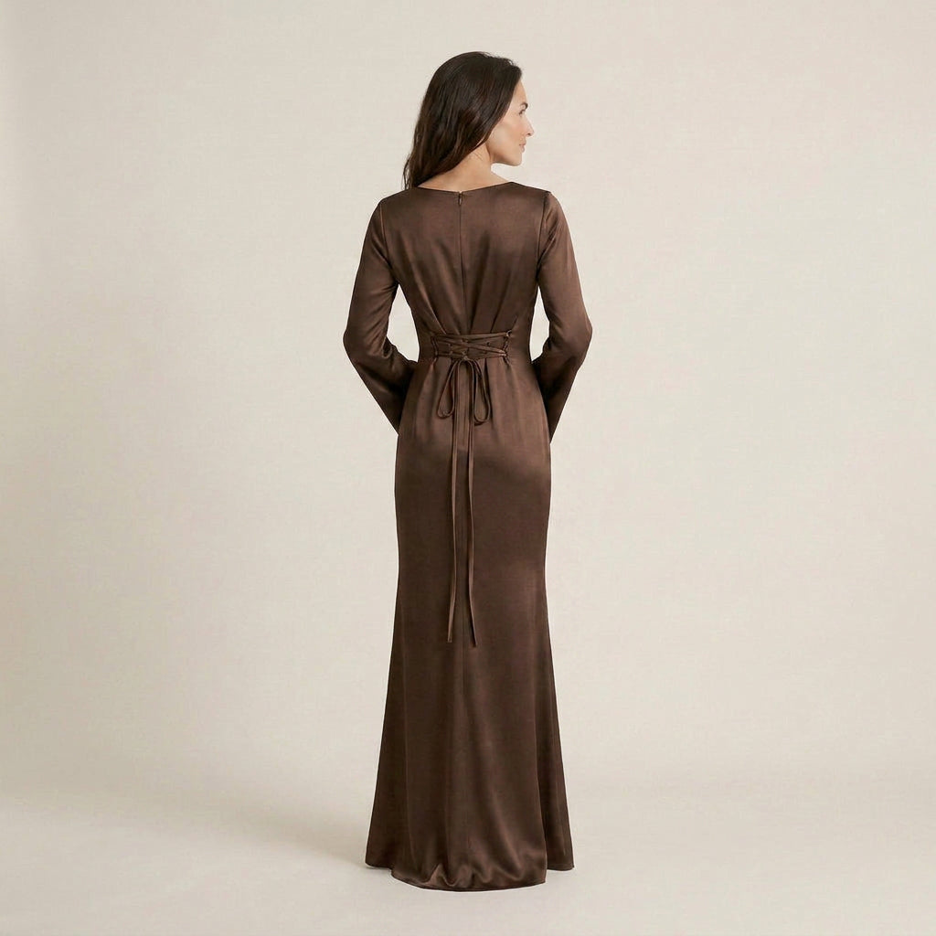 Vestido Largo Efecto Satén Manga Acampanada para Mujer