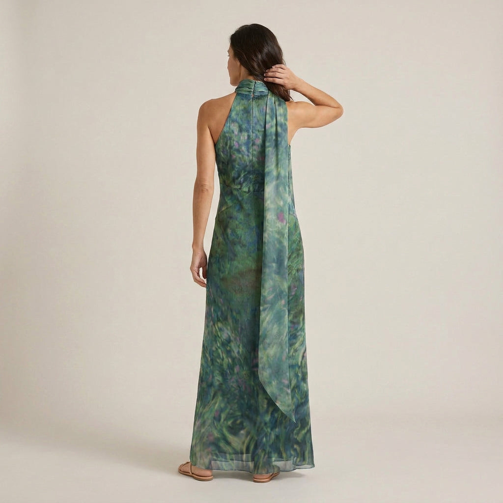 Vestido Fiesta Cuello Halter Foulard Largo para Mujer
