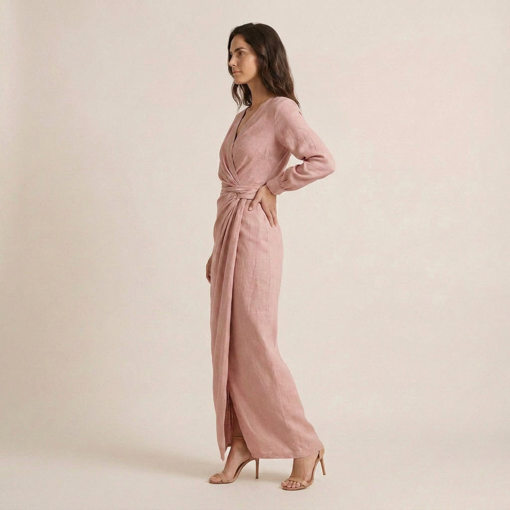Vestido Largo Cruzado Efecto Lino Manga Larga para Mujer