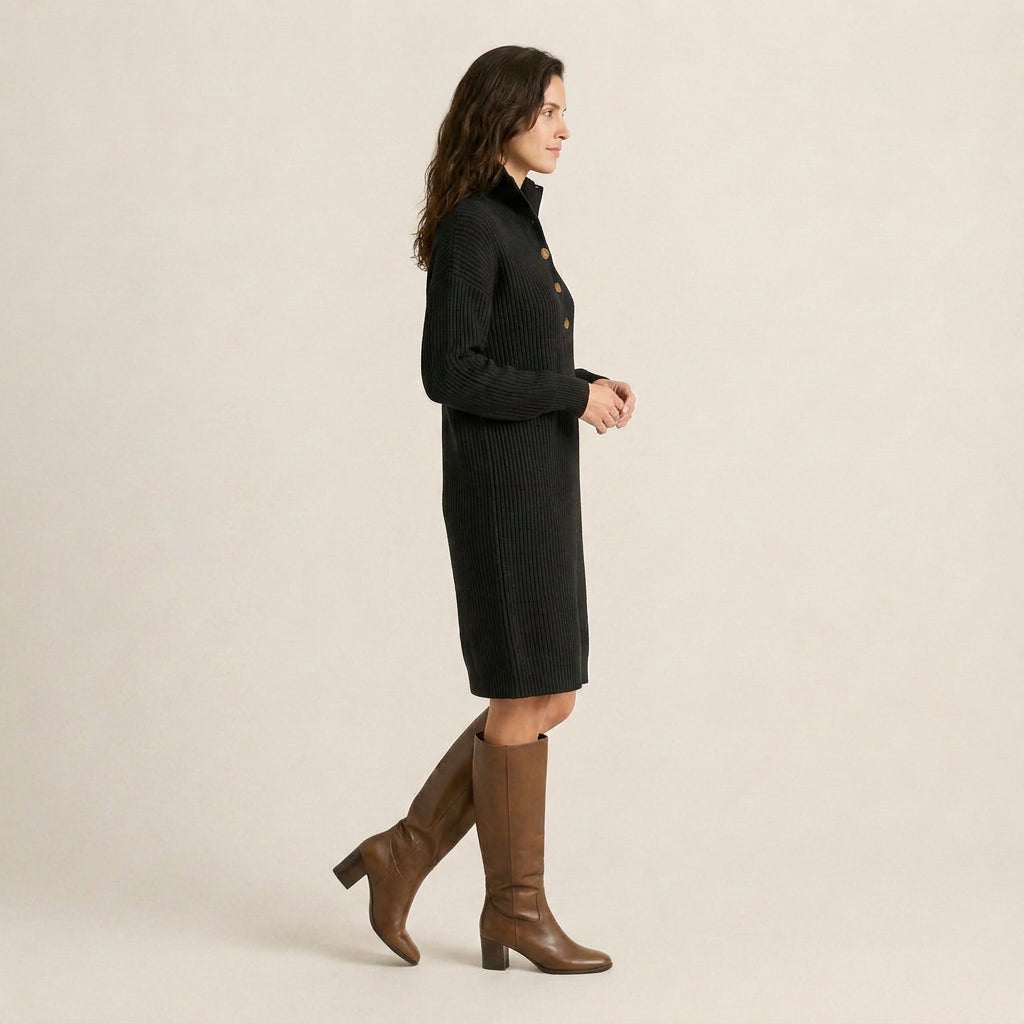 Vestido de Punto Canalé con Cuello Alto y Botones para Mujer