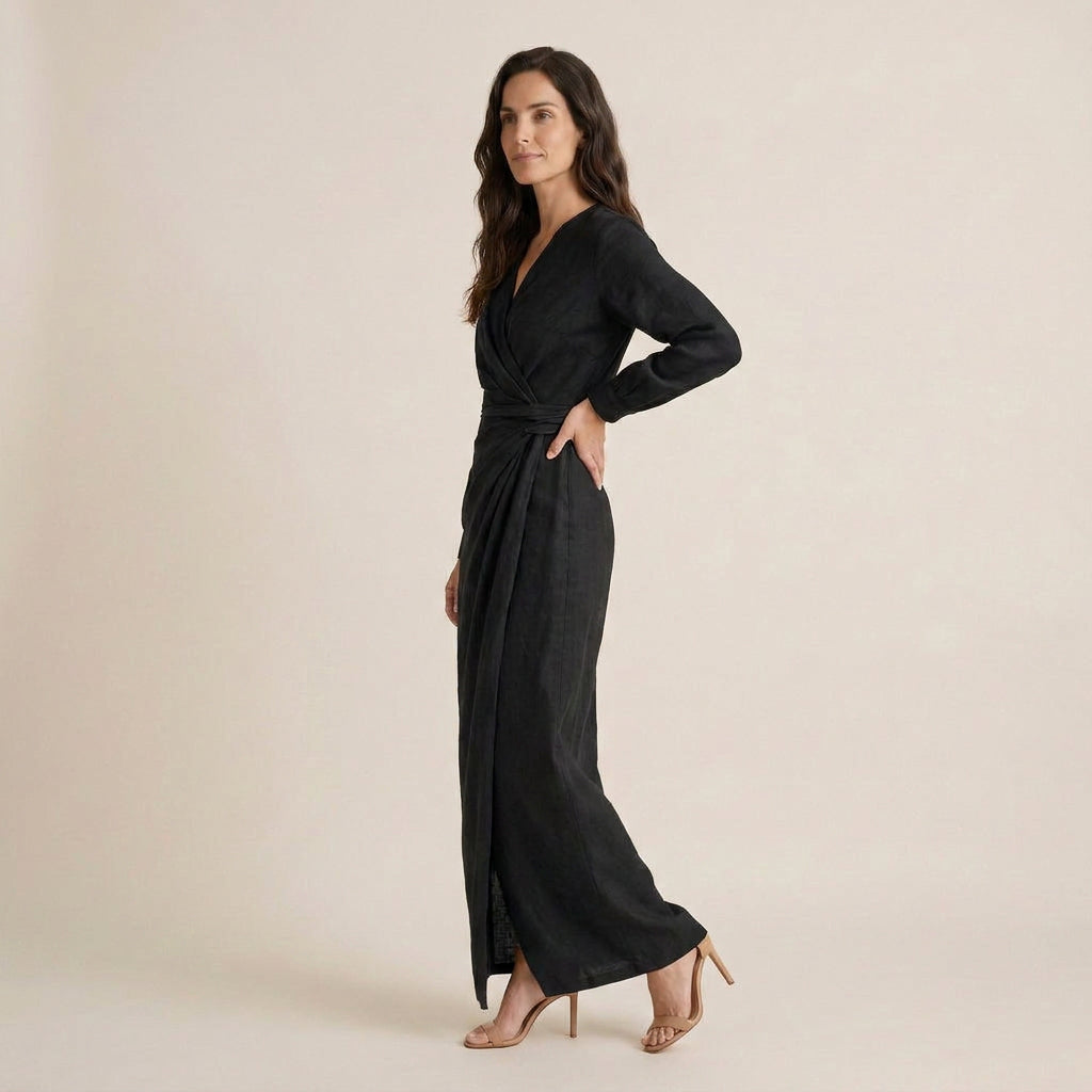 Vestido Largo Cruzado Efecto Lino Manga Larga para Mujer