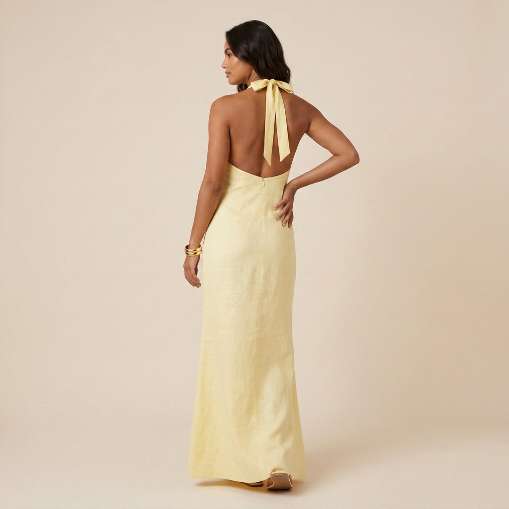 Vestido de Fiesta Largo Cuello Halter con Escote de Pico para Mujer