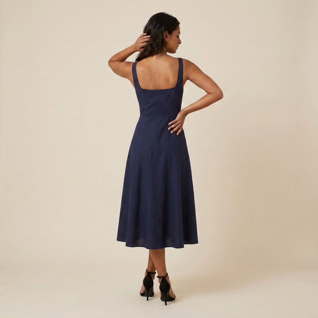 Vestido Midi Escote Cuadrado Falda Vuelo para Mujer