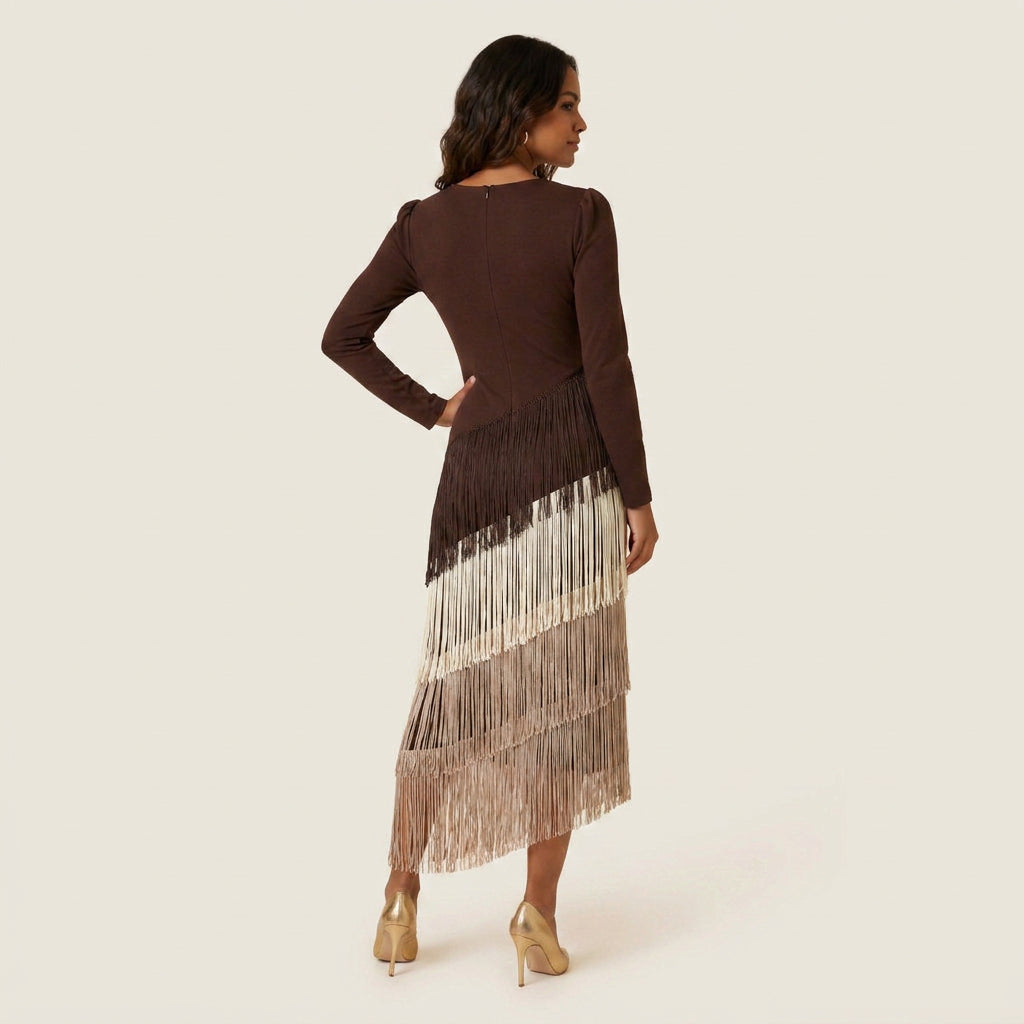 Vestido Midi de Flecos Escalonados Manga Larga para Mujer