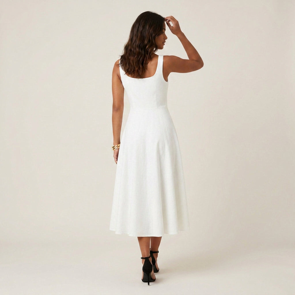 Vestido Midi Escote Cuadrado Falda Vuelo para Mujer