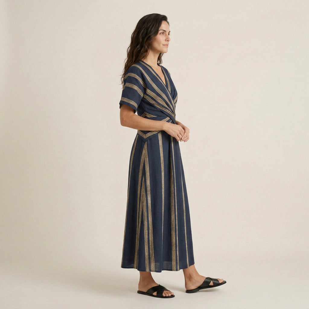 Vestido Midi Manga Corta con Nudo Frontal para Mujer