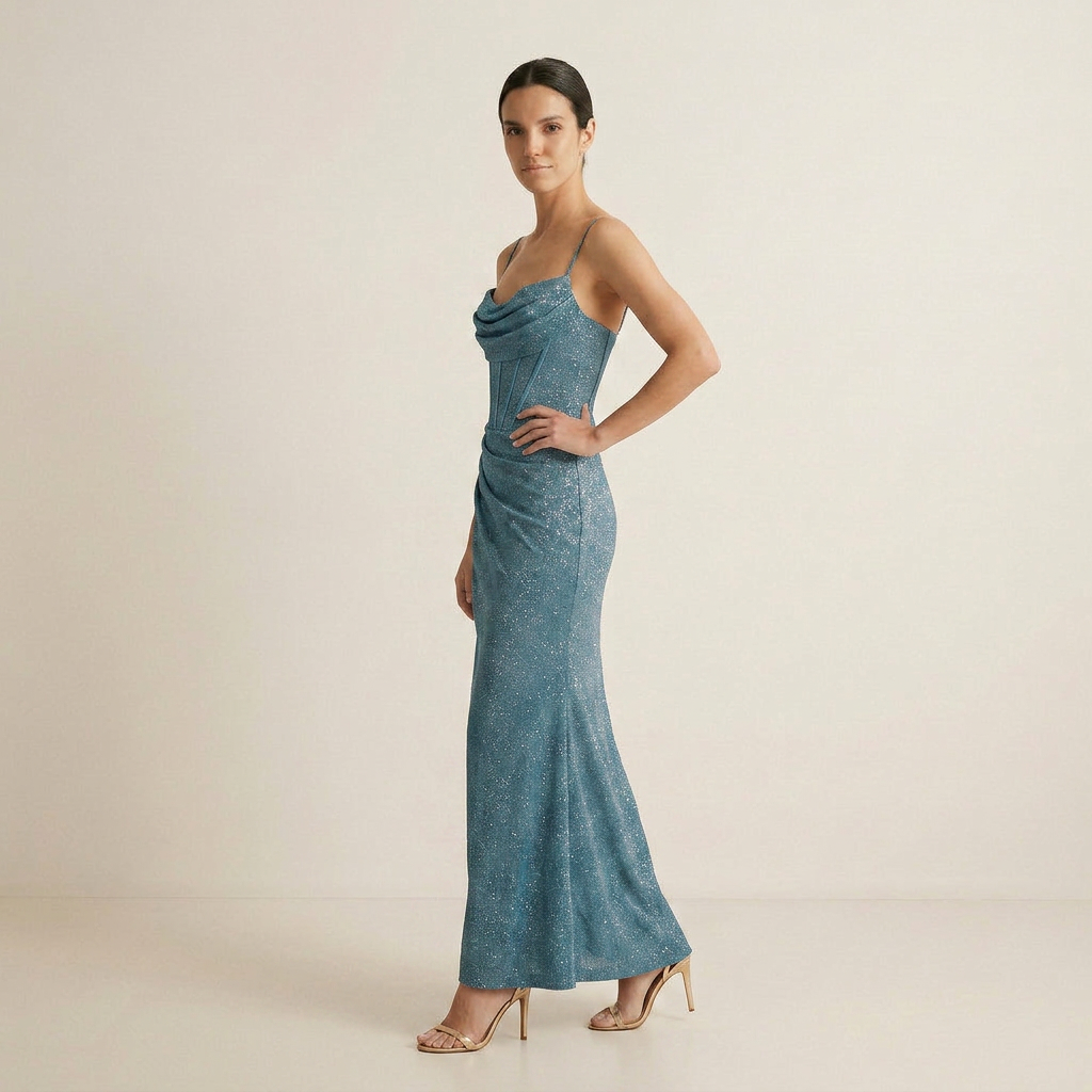 Vestido Maxi Glitter Corsé Cuello Cascada Abertura Lateral para Mujer