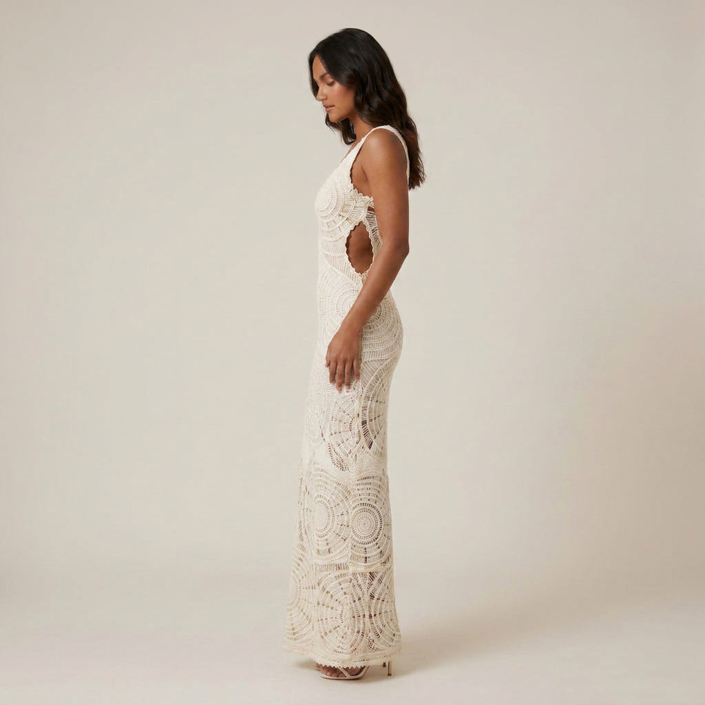 Vestido Midi de Encaje Calado con Motivo Geométrico para Mujer
