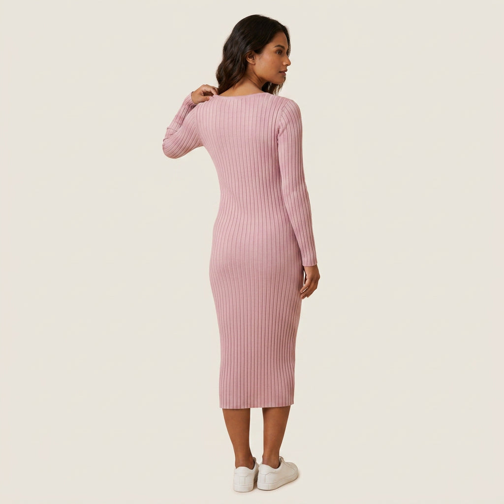 Vestido Midi de Canalé con Escote de Pico para Mujer