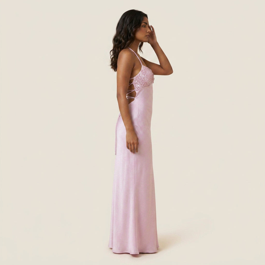 Vestido Largo Efecto Satén con Pedrería para Mujer