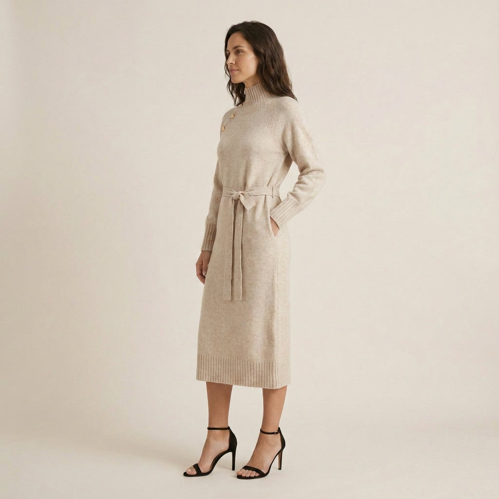 Vestido Midi de Punto con Cinturón para Mujer