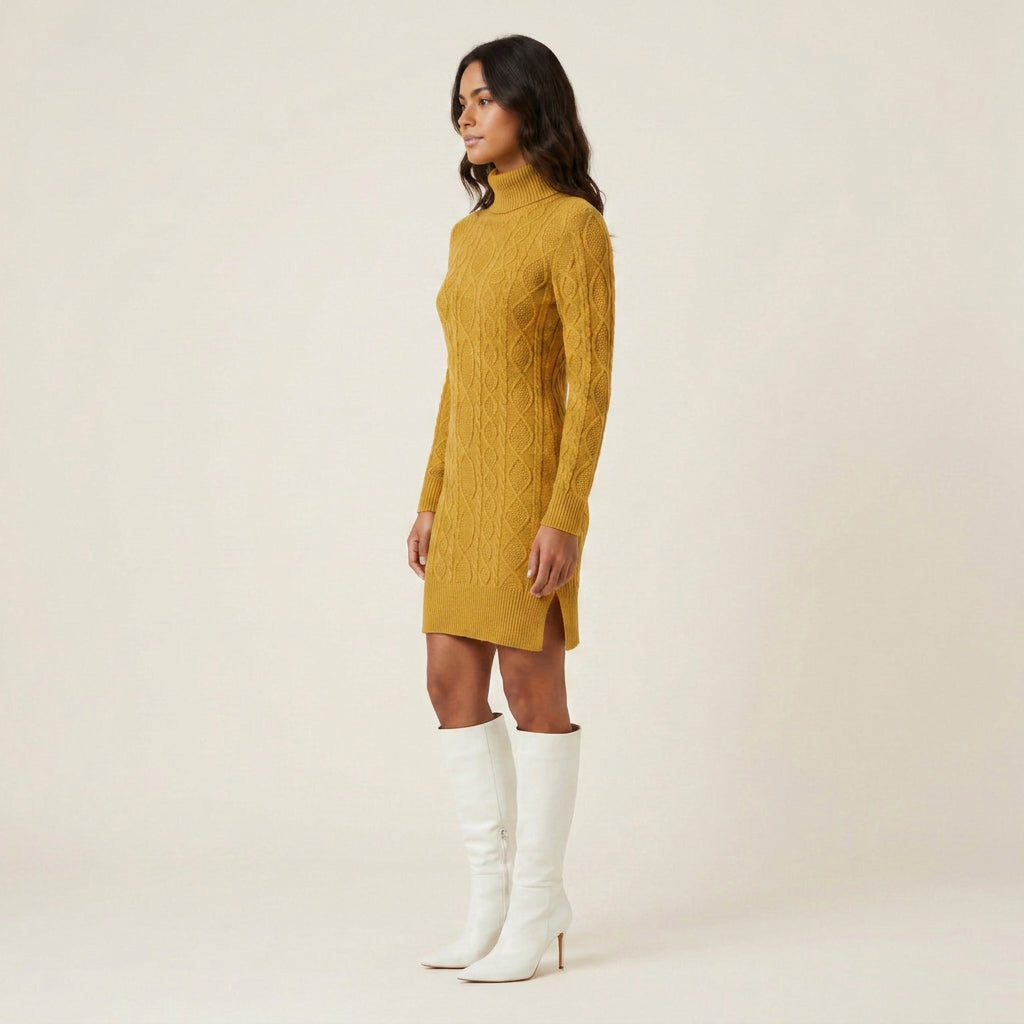 Vestido Corto de Punto Trenzado Cuello Vuelto para Mujer