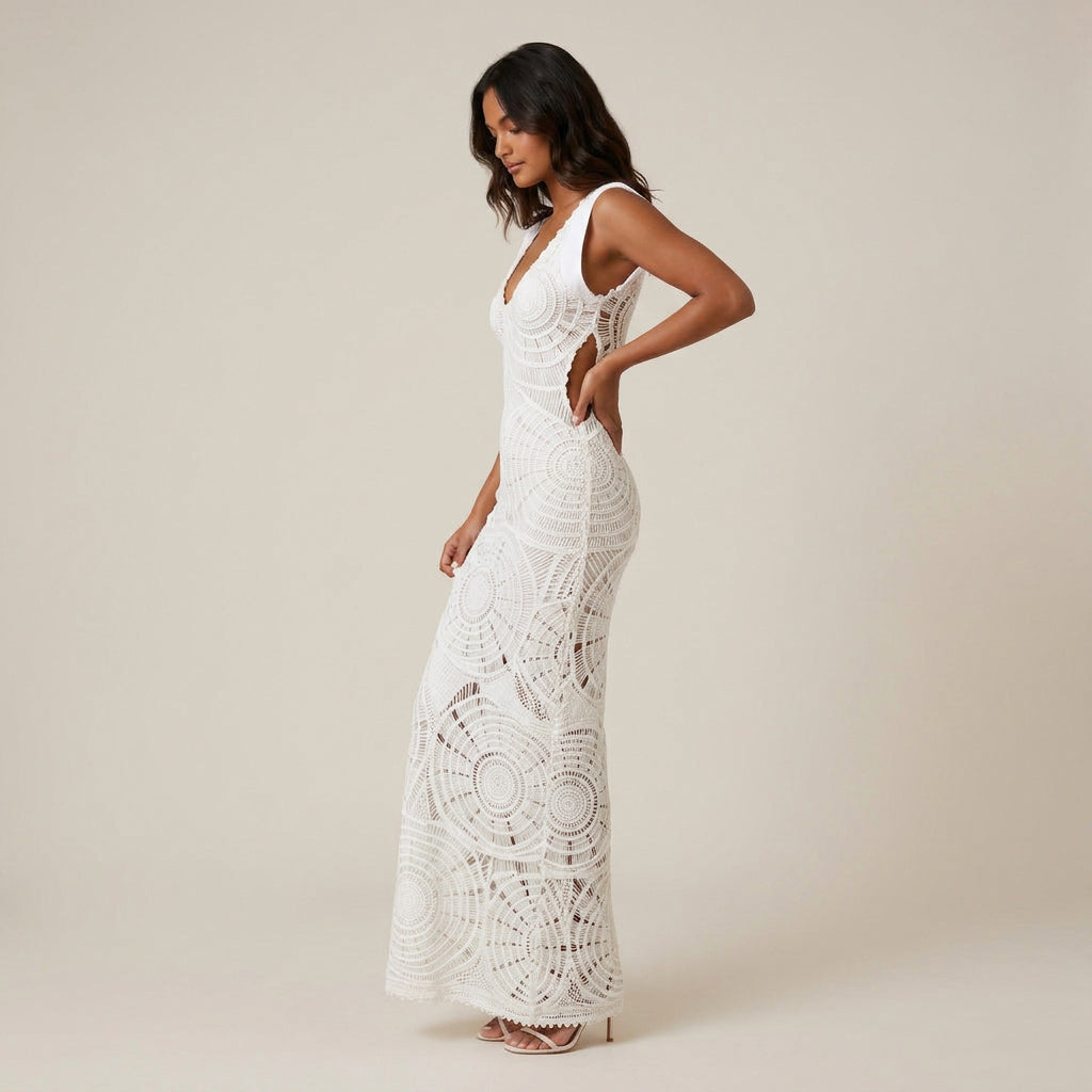 Vestido Midi de Encaje Calado con Motivo Geométrico para Mujer