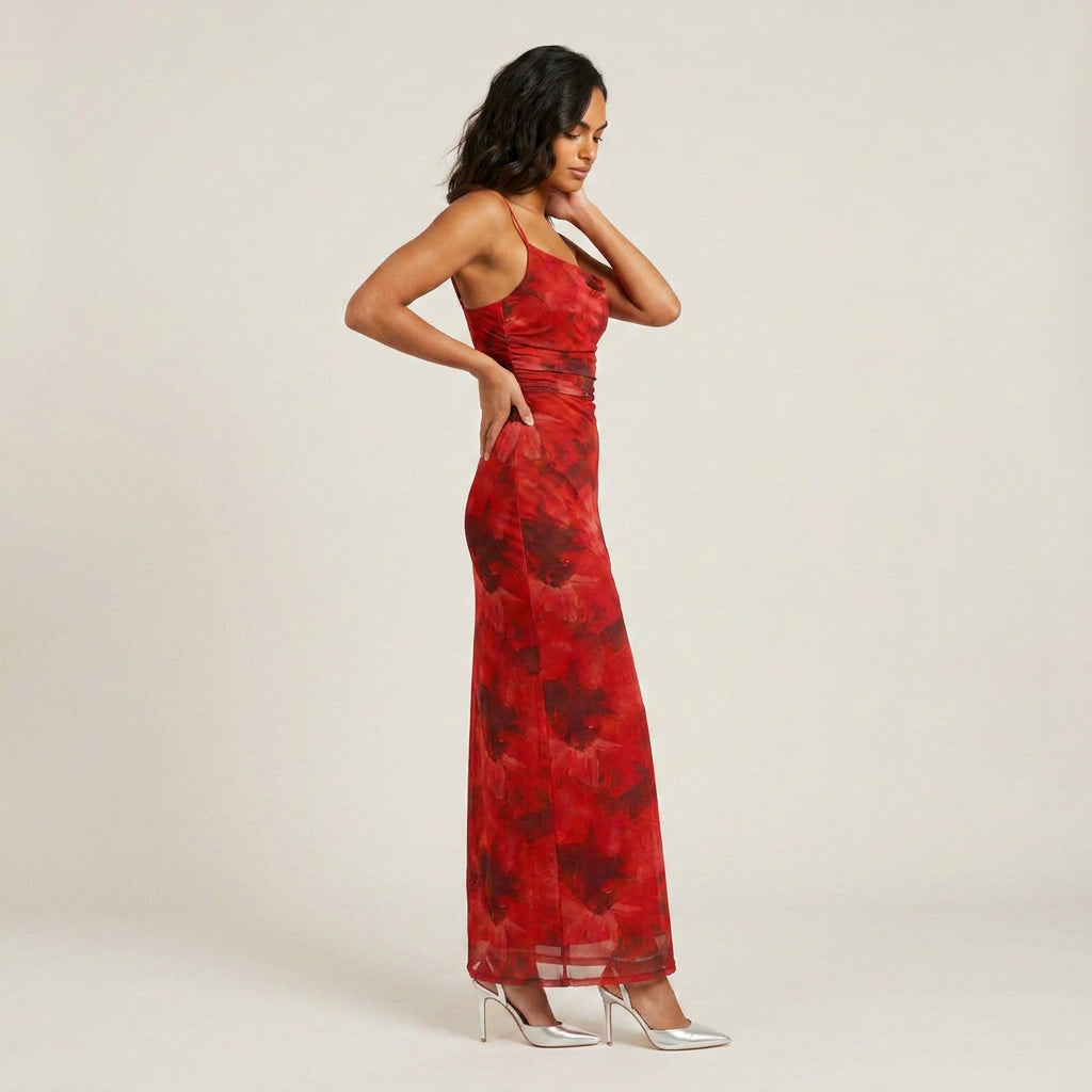 Vestido Largo Estampado Floral Escote Drapeado para Mujer