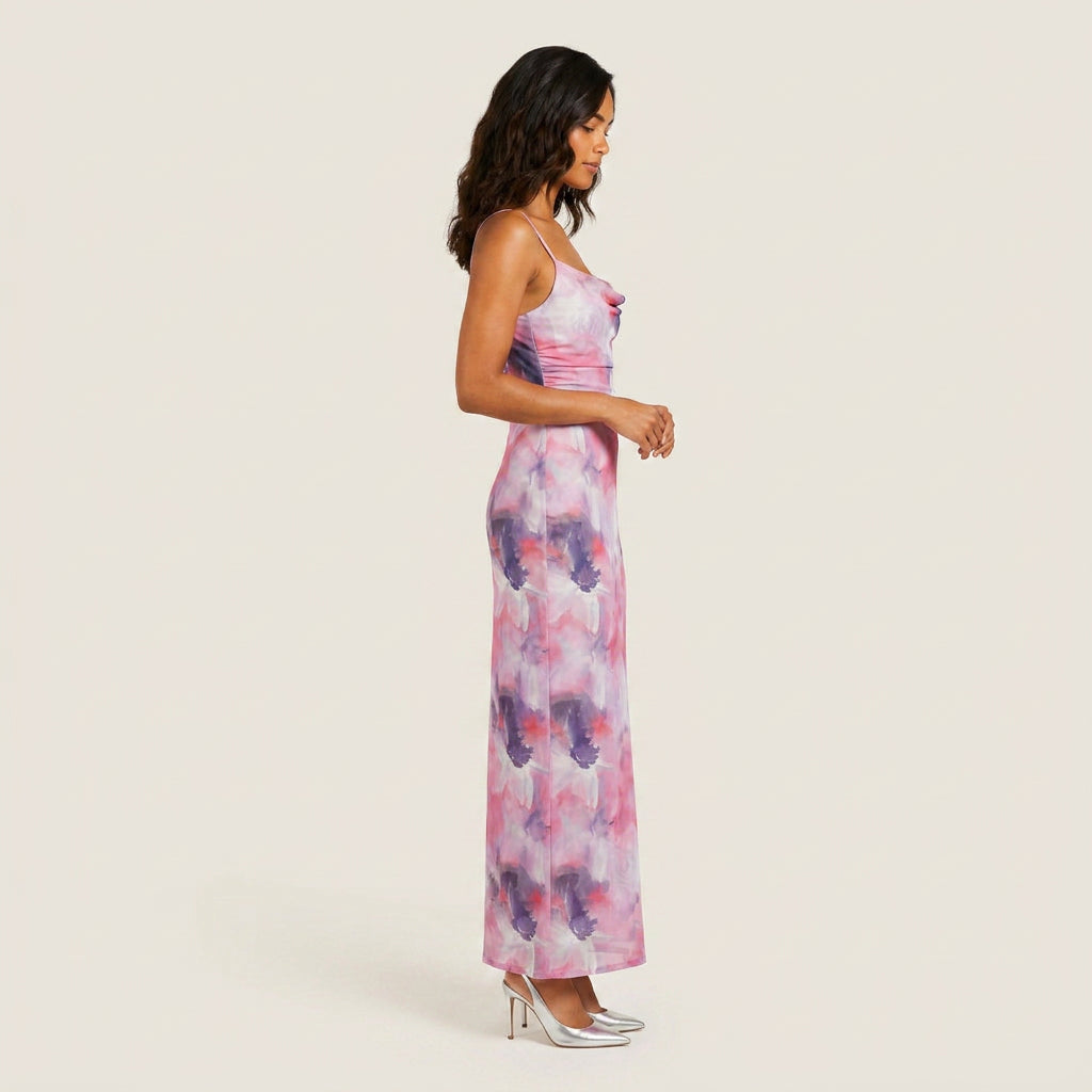Vestido Largo Estampado Floral Escote Drapeado para Mujer