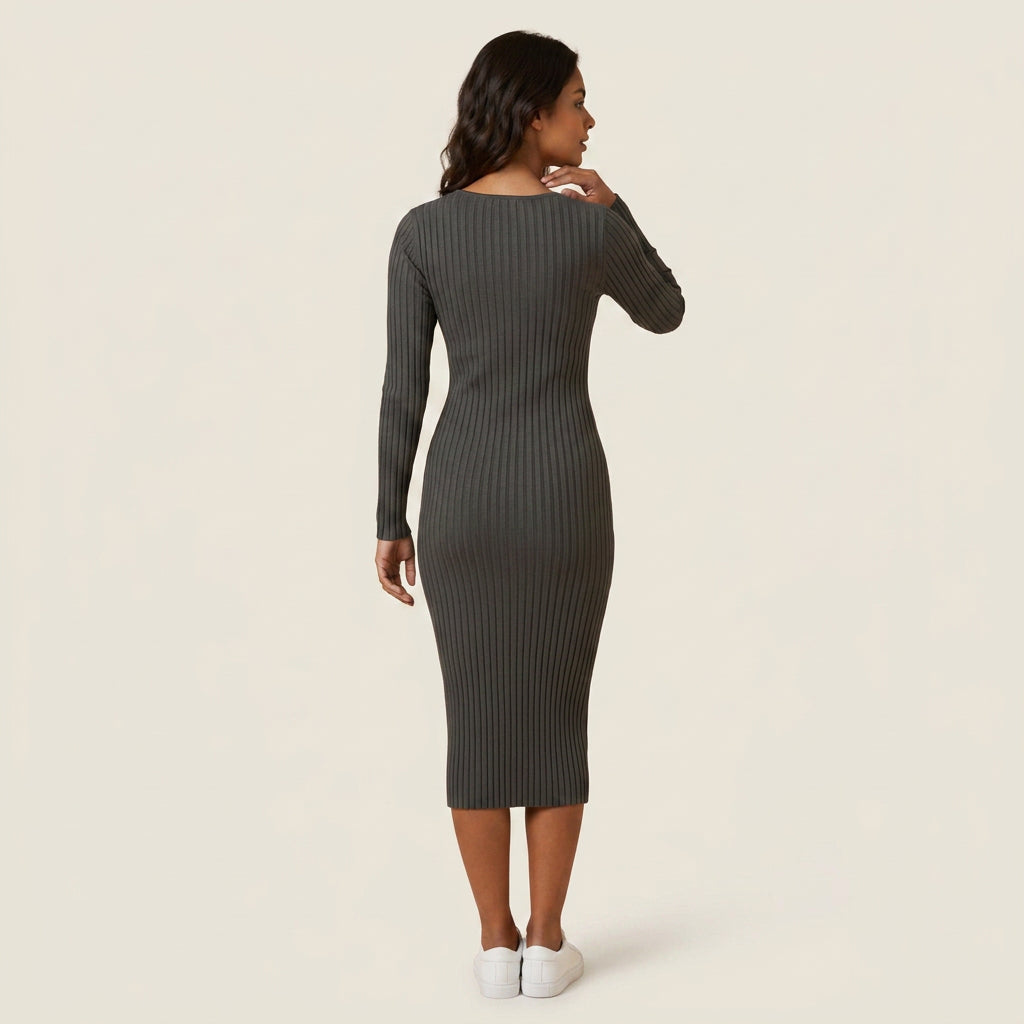 Vestido Midi de Canalé con Escote de Pico para Mujer