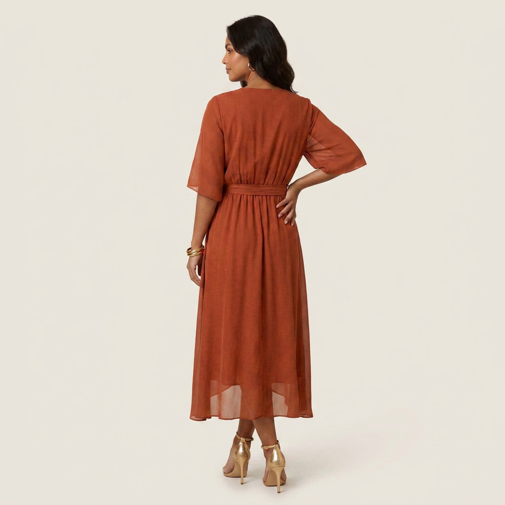 Vestido Midi Cruzado Efecto Gasa con Volante para Mujer