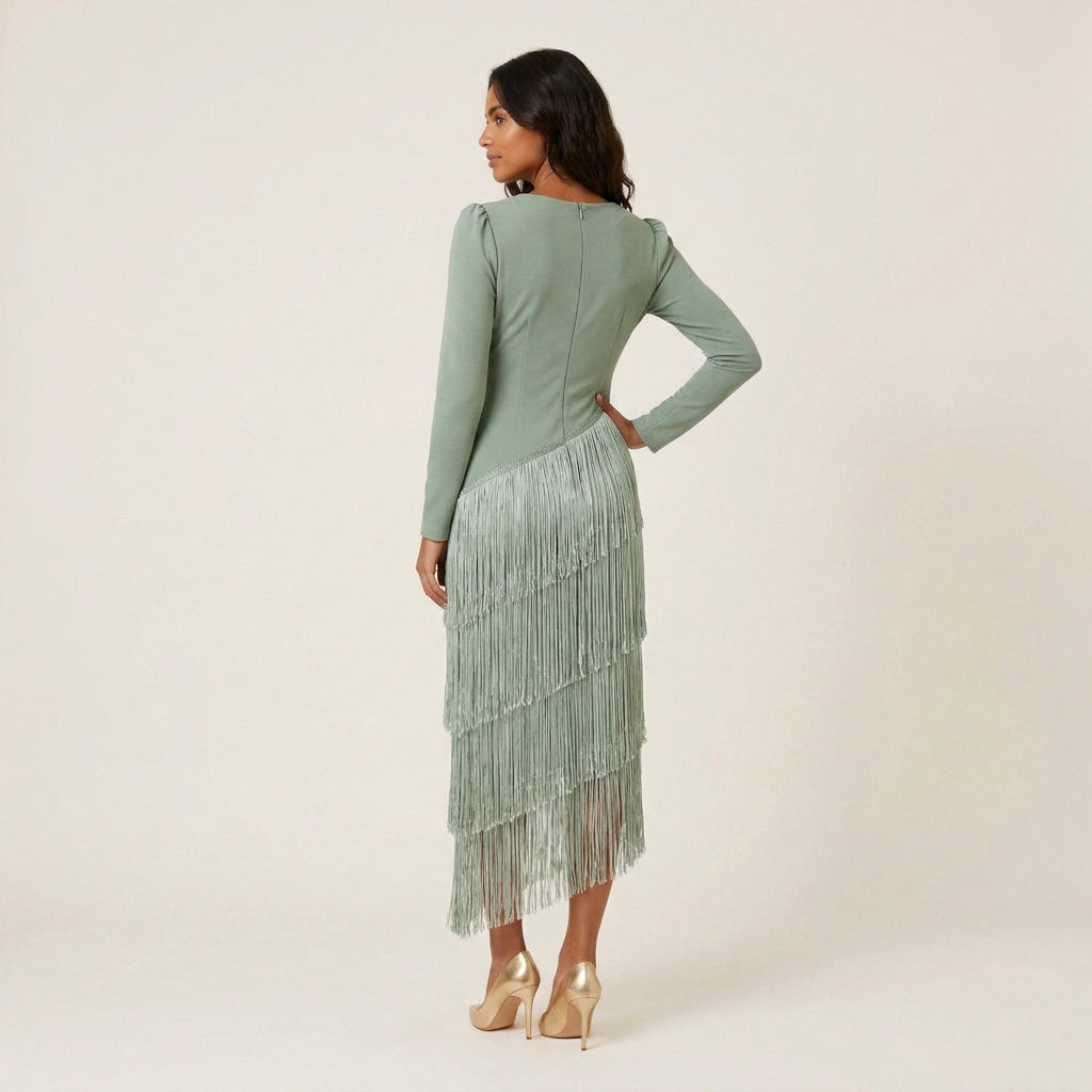 Vestido Midi de Flecos Escalonados Manga Larga para Mujer
