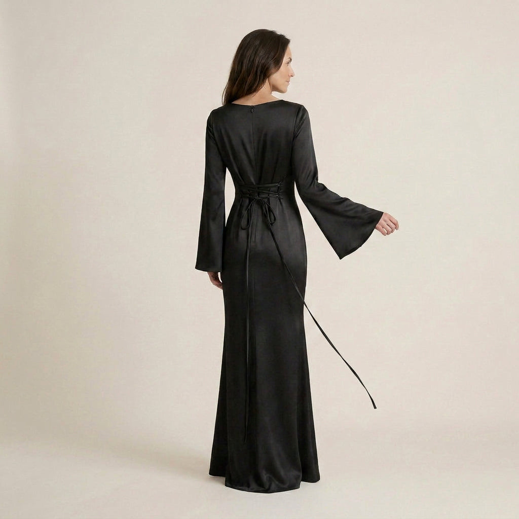 Vestido Largo Efecto Satén Manga Acampanada para Mujer