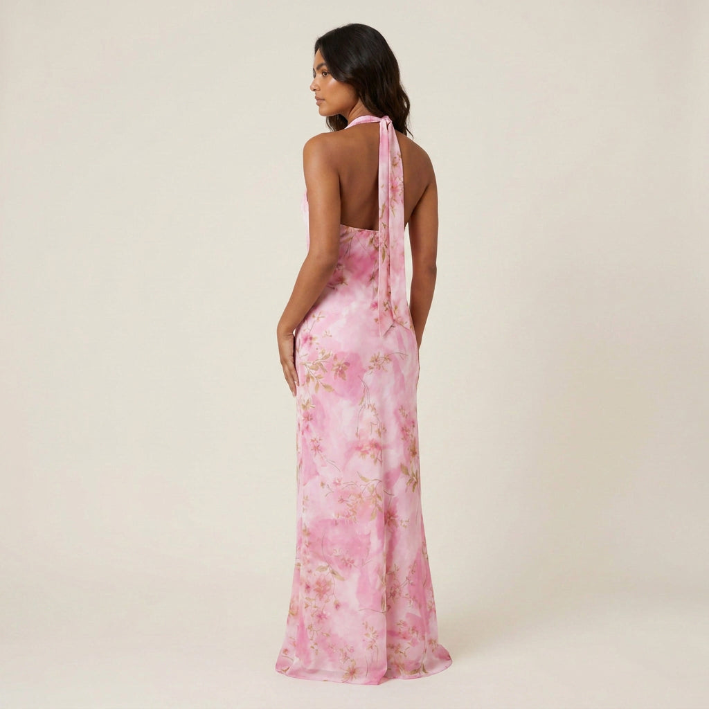 Vestido de Fiesta Largo Cuello Halter con Escote de Pico para Mujer