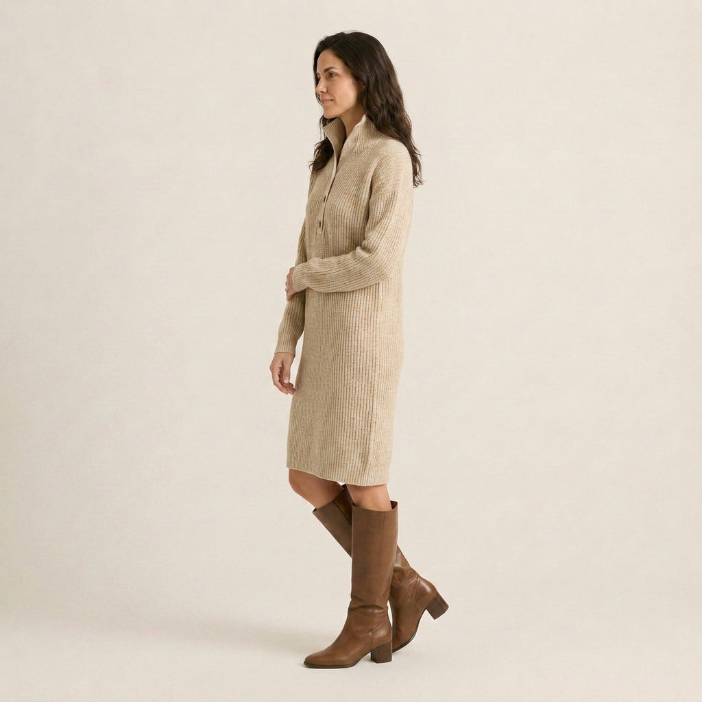 Vestido de Punto Canalé con Cuello Alto y Botones para Mujer