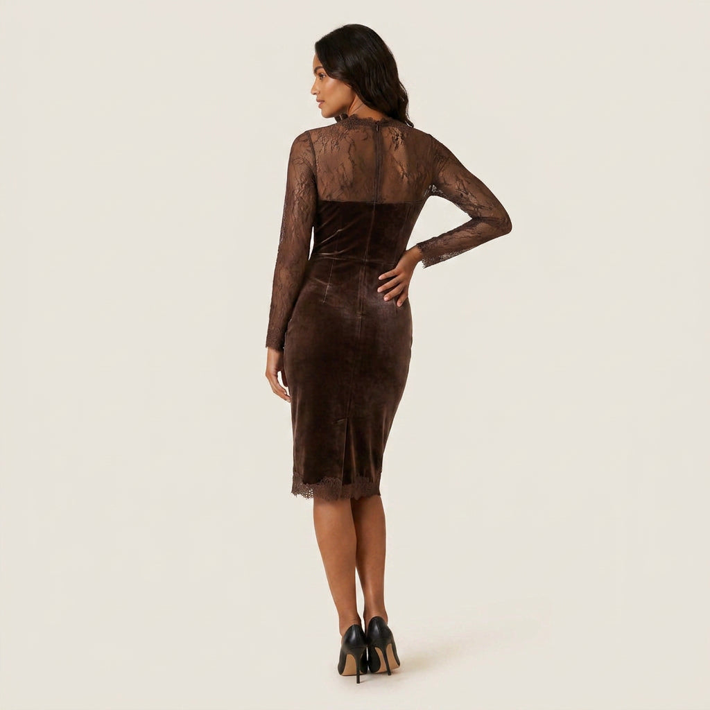Vestido Midi Efecto Terciopelo con Encaje de Fiesta para Mujer