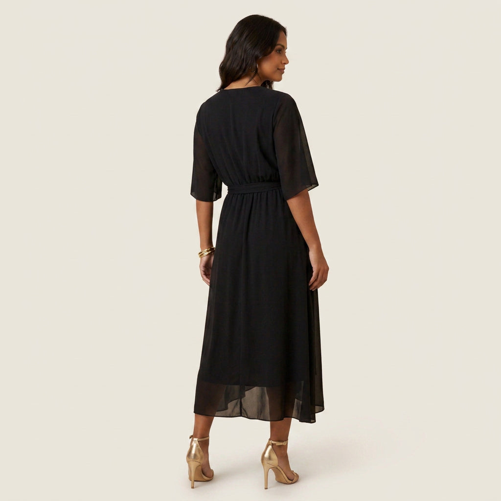 Vestido Midi Cruzado Efecto Gasa con Volante para Mujer