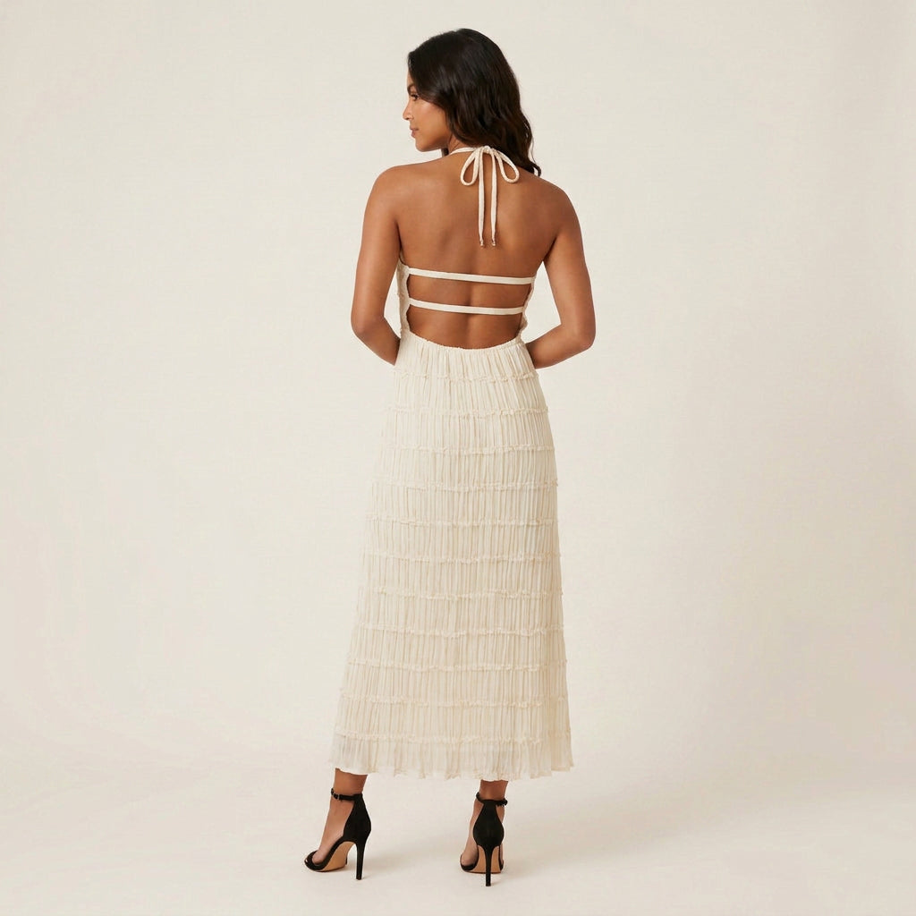 Vestido Midi Efecto Gasa con Cuello Halter para Mujer