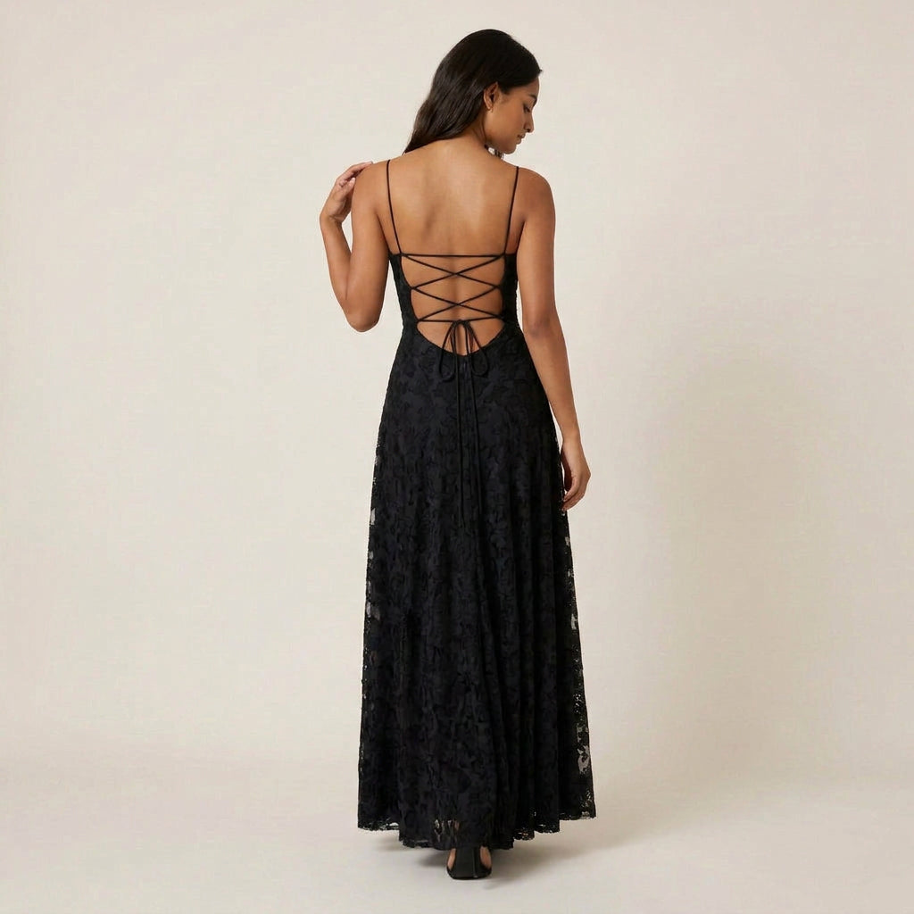 Vestido de Fiesta Largo Jacquard Floral con Tirantes para Mujer