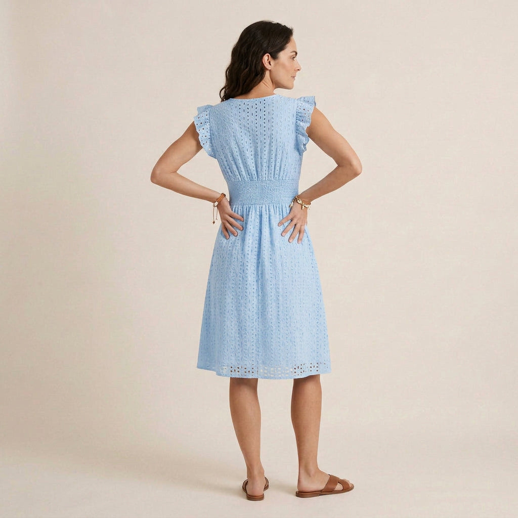 Vestido Midi Bordado Inglés Cintura Fruncida para Mujer
